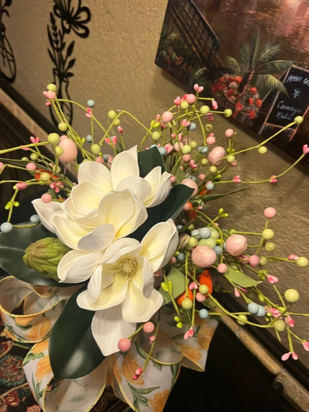 Floral Magnolia Spring Berry Arrangement with Yellow Ribbon - Home Accents